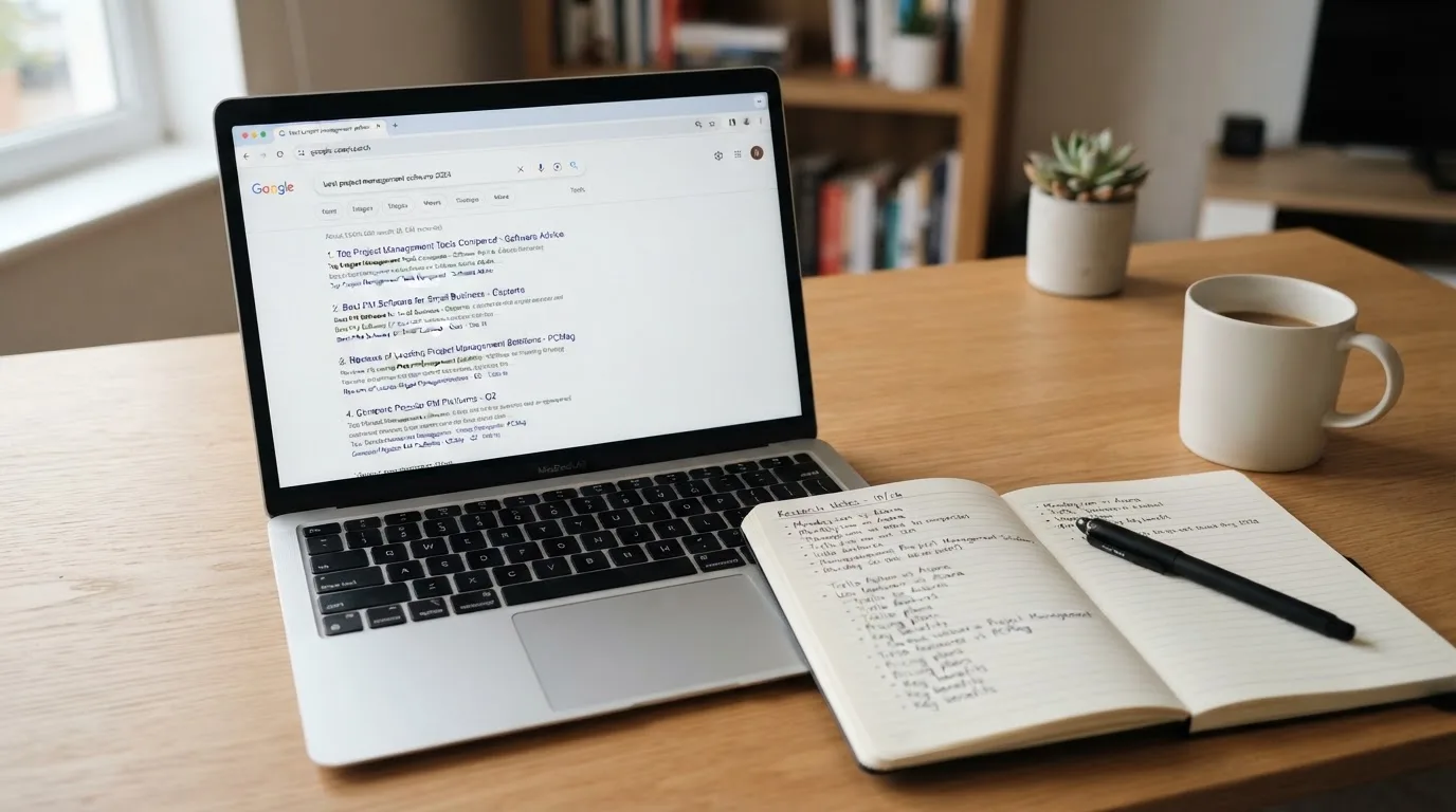 A tidy desk with a laptop open on a plain search-results page, a notebook and a coffee cup beside it, no screens showing any casino branding.