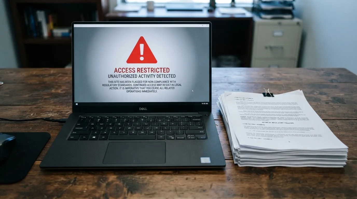 A red triangular warning sign icon on a laptop screen next to a stack of legal papers, symbolising an official caution rather than any specific website.