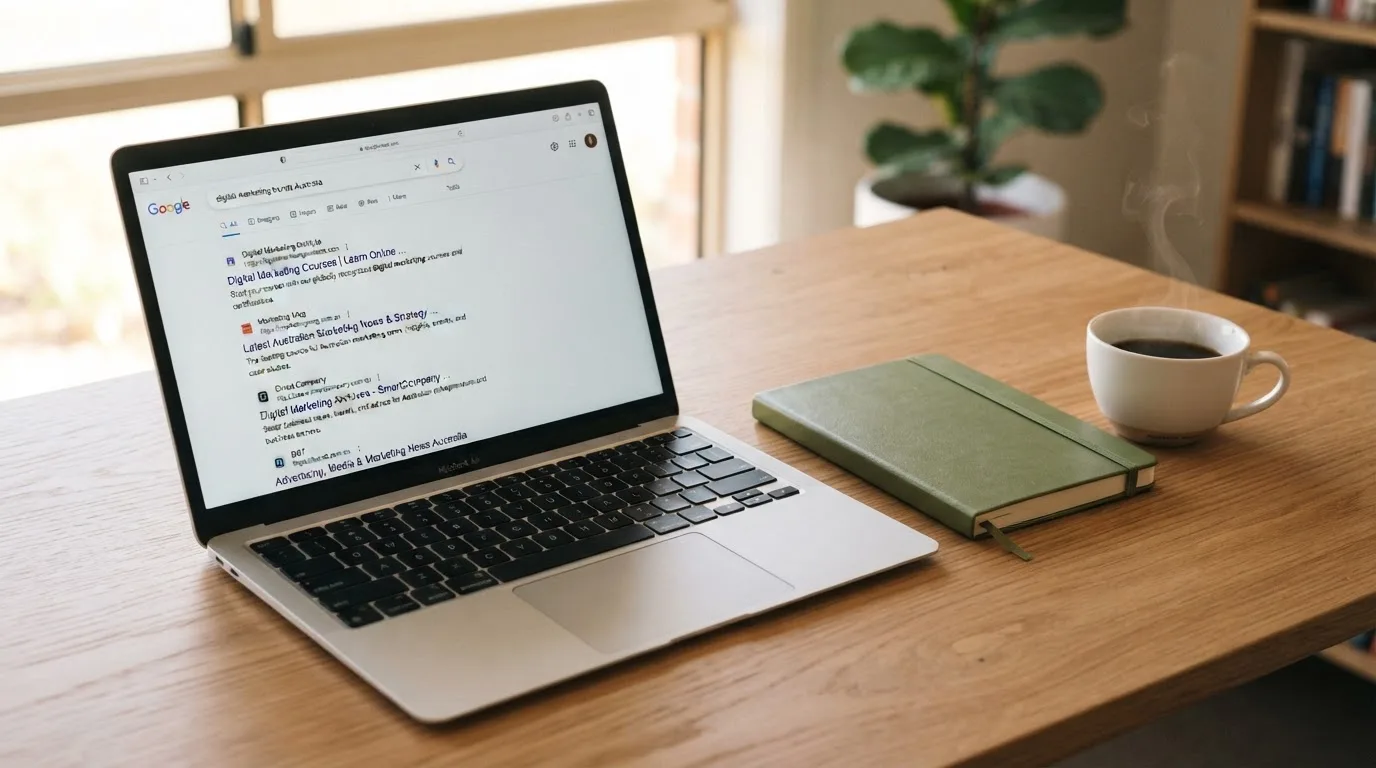 A tidy desk with a laptop open on a plain search-results page, a notebook and a coffee cup beside it, no screens showing any casino branding.