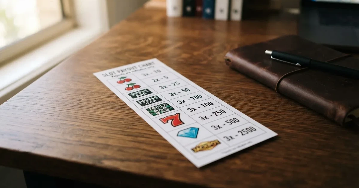 A printed strip of generic slot symbols and payout numbers laid on a desk, like a reference chart rather than a live game.