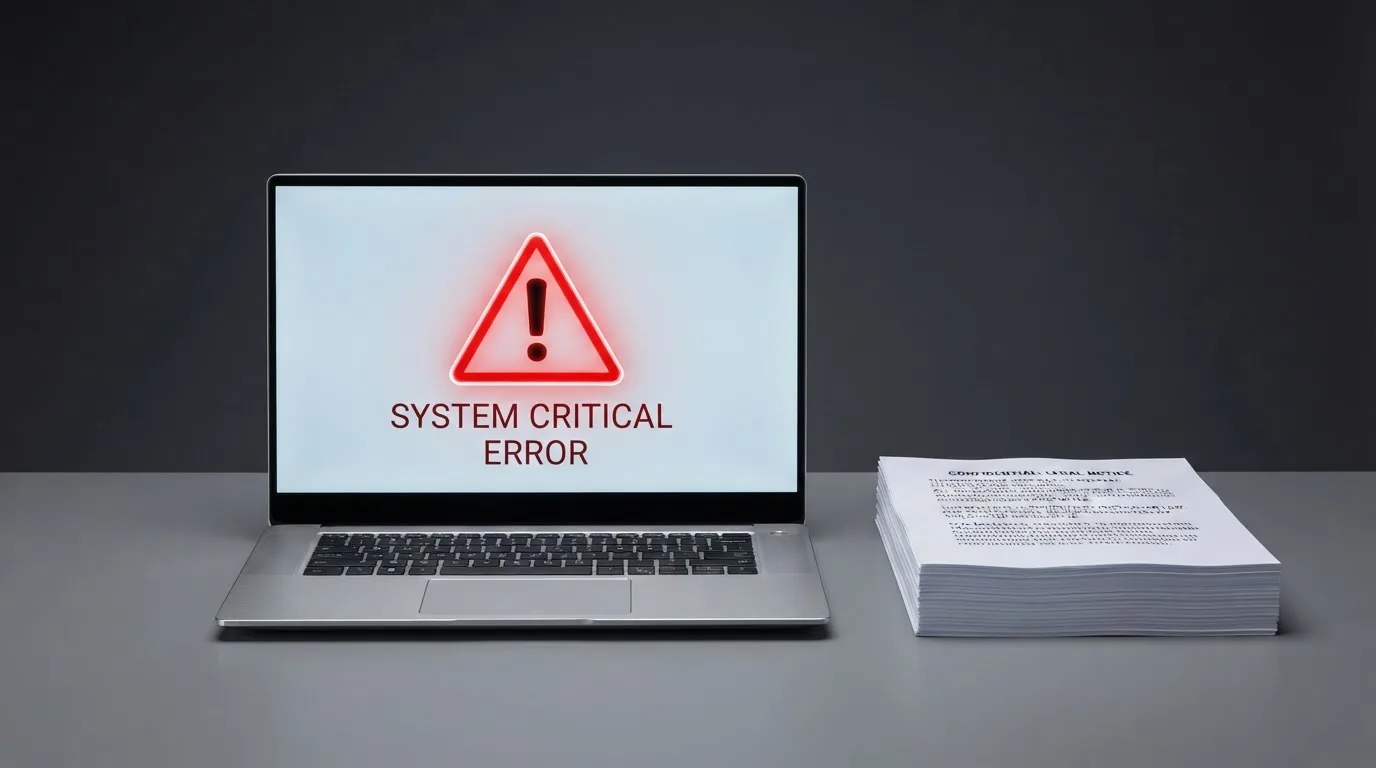 A red triangular warning sign icon on a laptop screen next to a stack of legal papers, symbolising an official caution rather than any specific website.