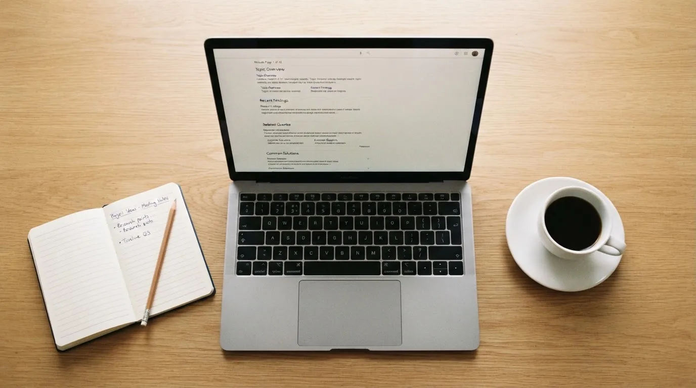 A tidy desk with a laptop open on a plain search-results page, a notebook and a coffee cup beside it, no screens showing any casino branding.