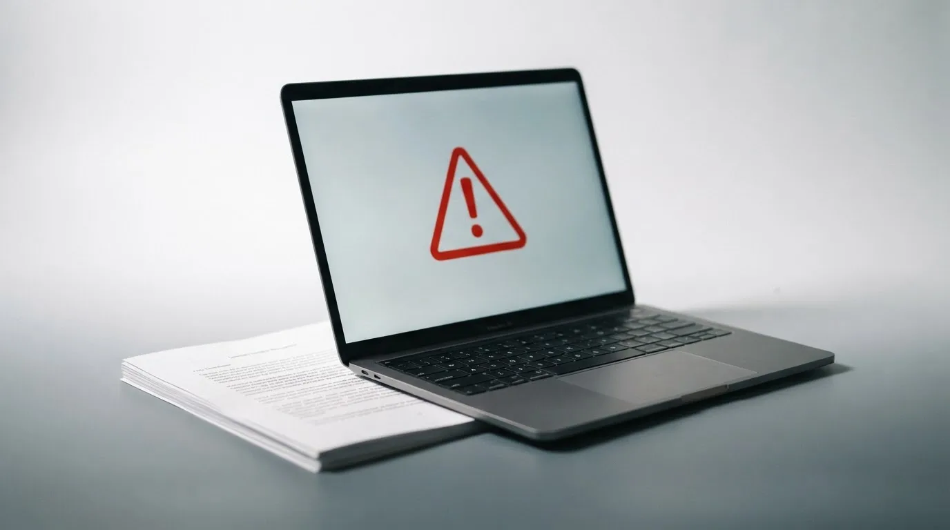 A red triangular warning sign icon on a laptop screen next to a stack of legal papers, symbolising an official caution rather than any specific website.