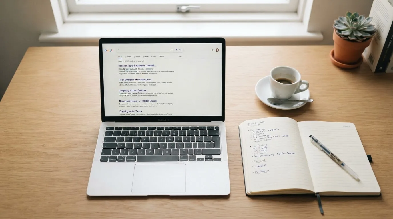 A tidy desk with a laptop open on a plain search-results page, a notebook and a coffee cup beside it, no screens showing any casino branding.
