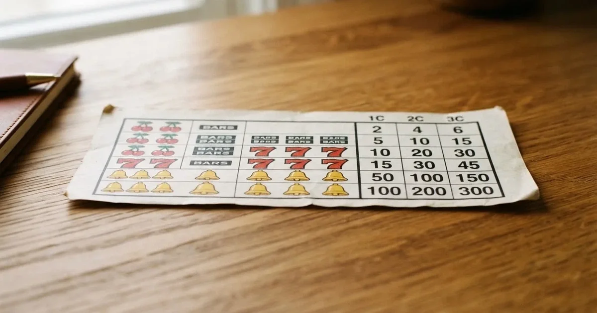 A printed strip of generic slot symbols and payout numbers laid on a desk, like a reference chart rather than a live game.