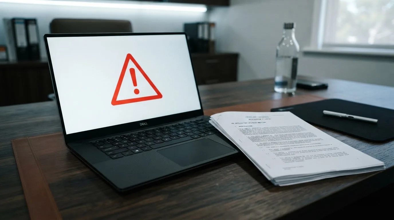 A red triangular warning sign icon on a laptop screen next to a stack of legal papers, symbolising an official caution rather than any specific website.