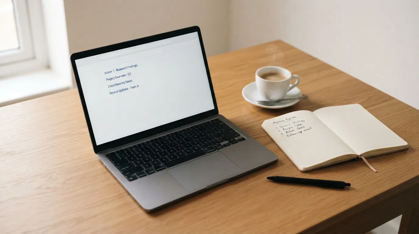A tidy desk with a laptop open on a plain search-results page, a notebook and a coffee cup beside it, no screens showing any casino branding.