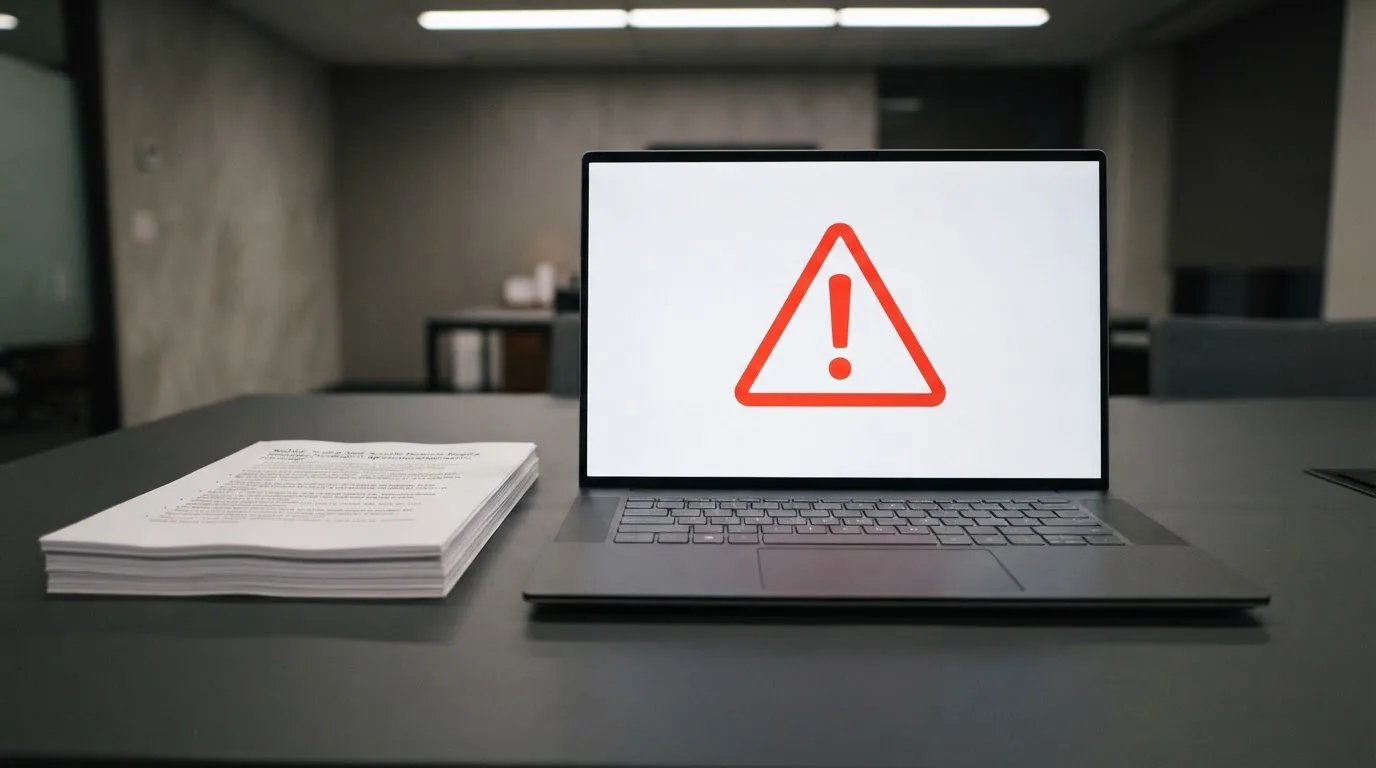 A red triangular warning sign icon on a laptop screen next to a stack of legal papers, symbolising an official caution rather than any specific website.