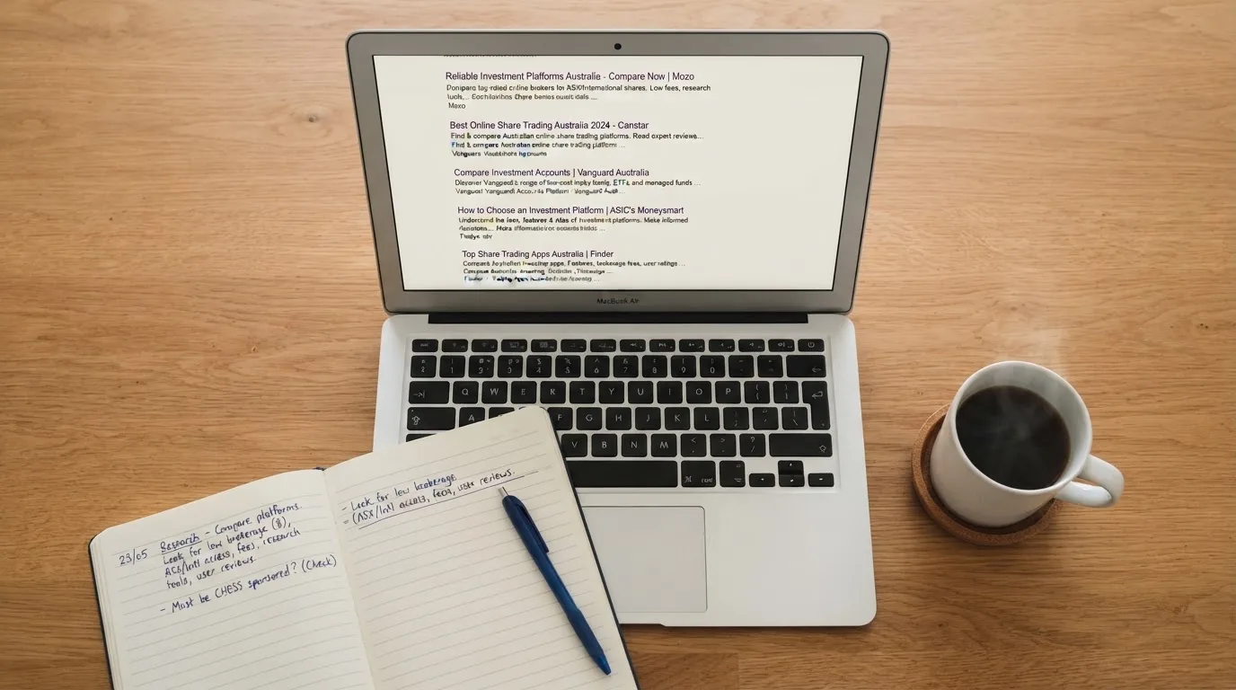 A tidy desk with a laptop open on a plain search-results page, a notebook and a coffee cup beside it, no screens showing any casino branding.