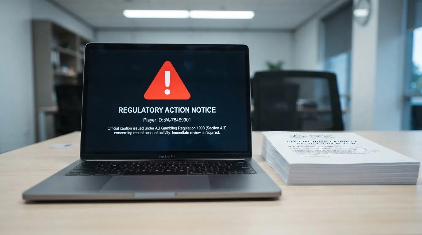 A red triangular warning sign icon on a laptop screen next to a stack of legal papers, symbolising an official caution rather than any specific website.