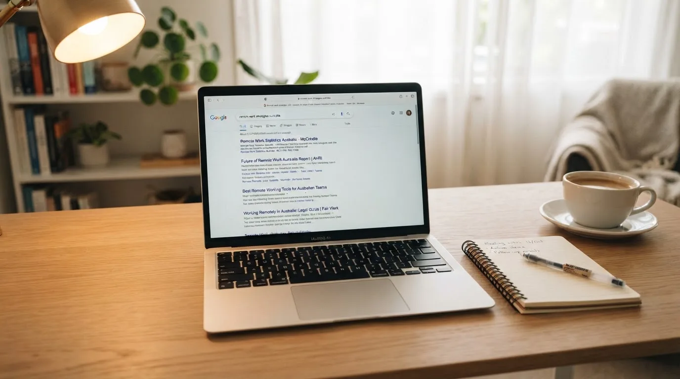 A tidy desk with a laptop open on a plain search-results page, a notebook and a coffee cup beside it, no screens showing any casino branding.
