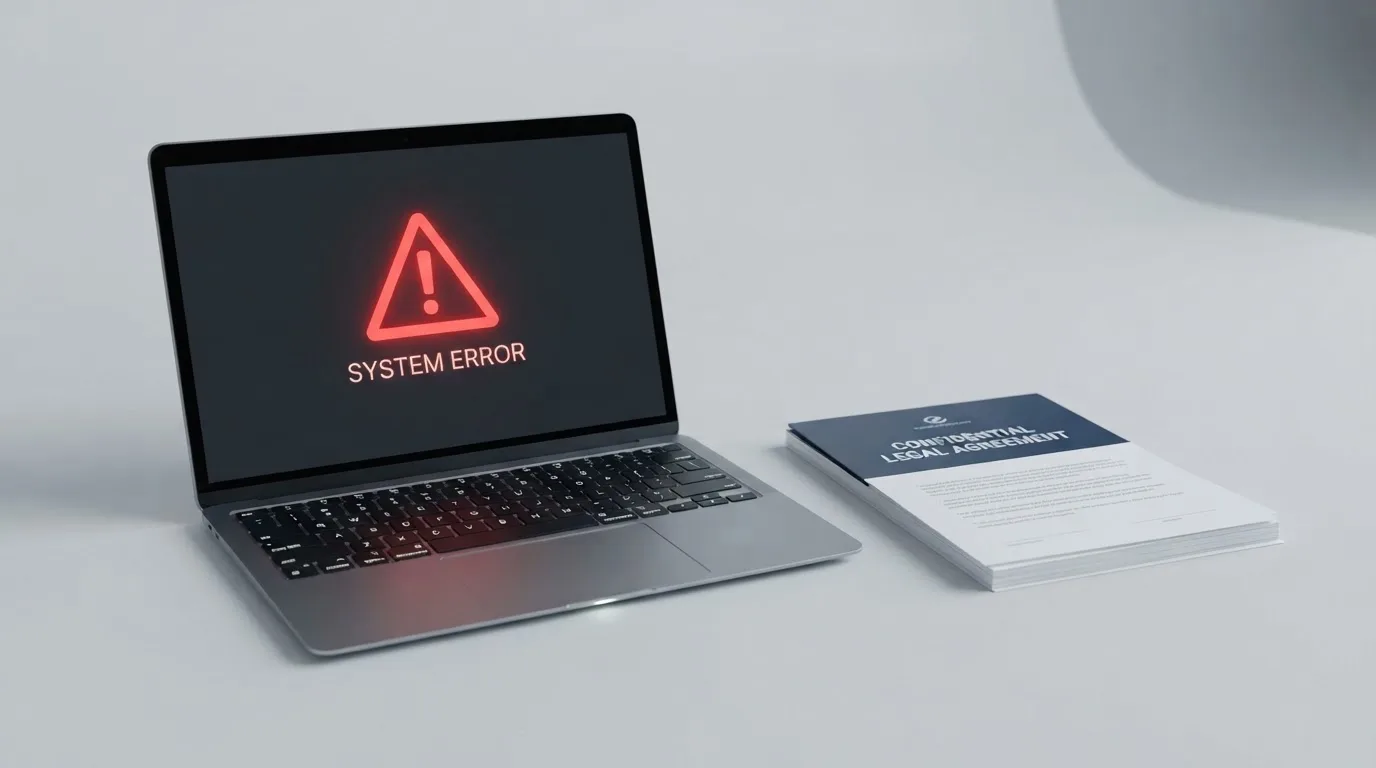 A red triangular warning sign icon on a laptop screen next to a stack of legal papers, symbolising an official caution rather than any specific website.