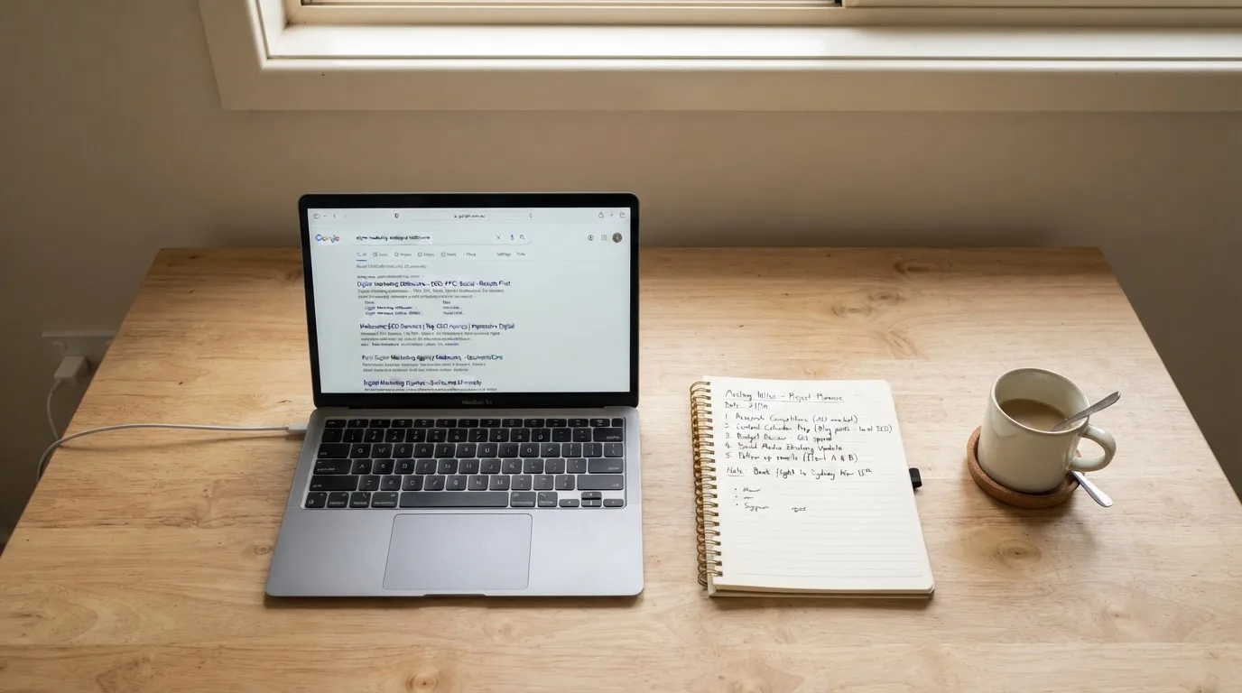 A tidy desk with a laptop open on a plain search-results page, a notebook and a coffee cup beside it, no screens showing any casino branding.