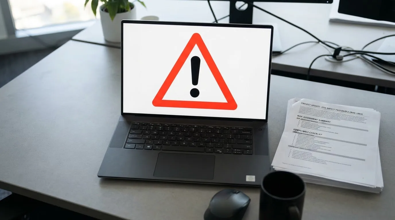 A red triangular warning sign icon on a laptop screen next to a stack of legal papers, symbolising an official caution rather than any specific website.