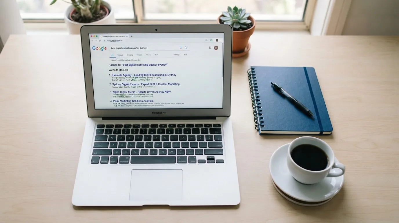 A tidy desk with a laptop open on a plain search-results page, a notebook and a coffee cup beside it, no screens showing any casino branding.