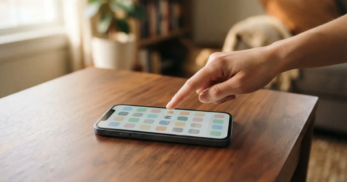 A hand tapping a smartphone screen showing generic app icons, none of them branded.