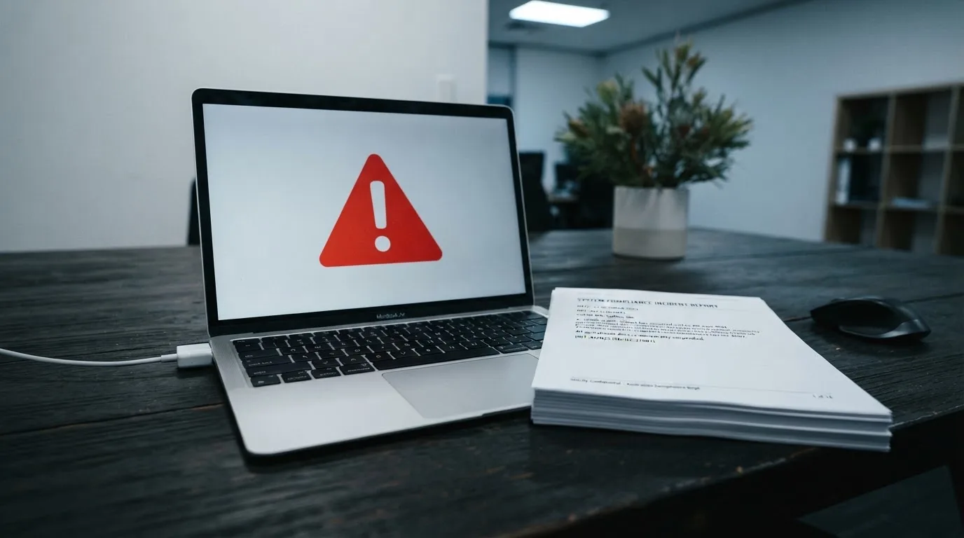A red triangular warning sign icon on a laptop screen next to a stack of legal papers, symbolising an official caution rather than any specific website.