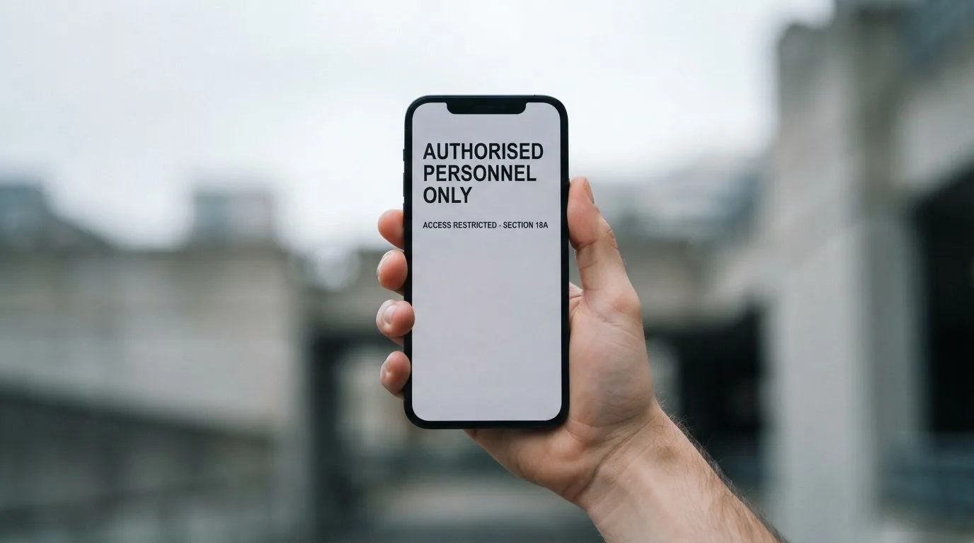 A smartphone screen showing a plain government warning notice about a blocked website, held against a blurred background.