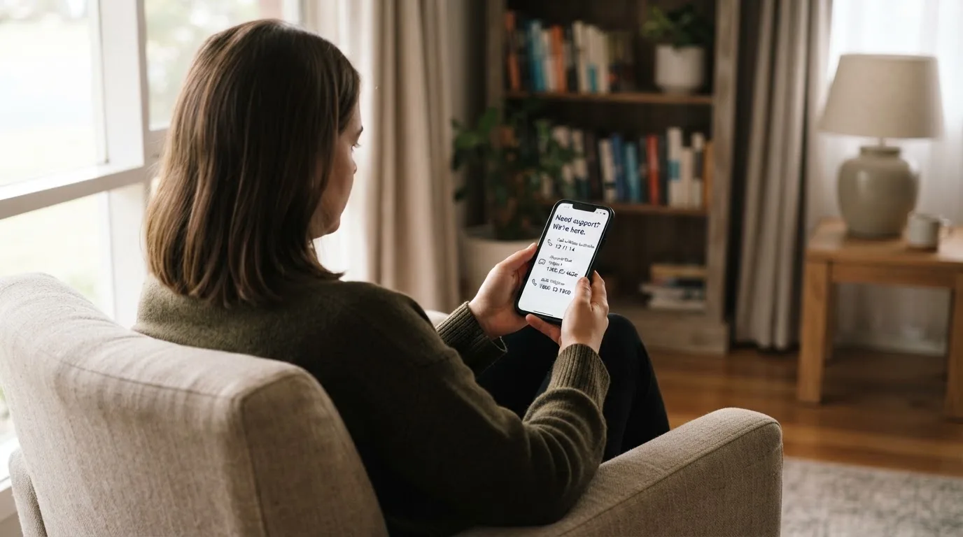 A person sitting calmly with a phone open to a support helpline page, no gaming screen visible.