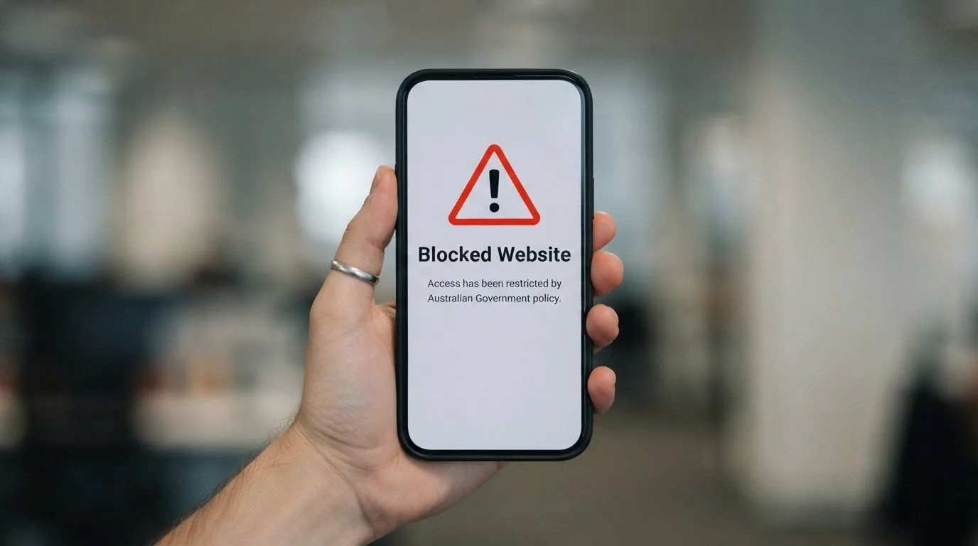 A smartphone screen showing a plain government warning notice about a blocked website, held against a blurred background.