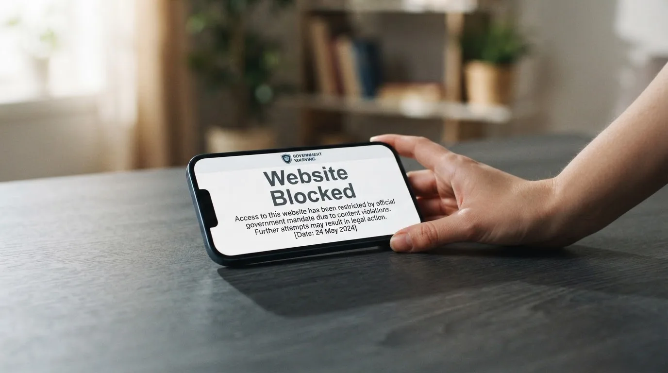 A smartphone screen showing a plain government warning notice about a blocked website, held against a blurred background.
