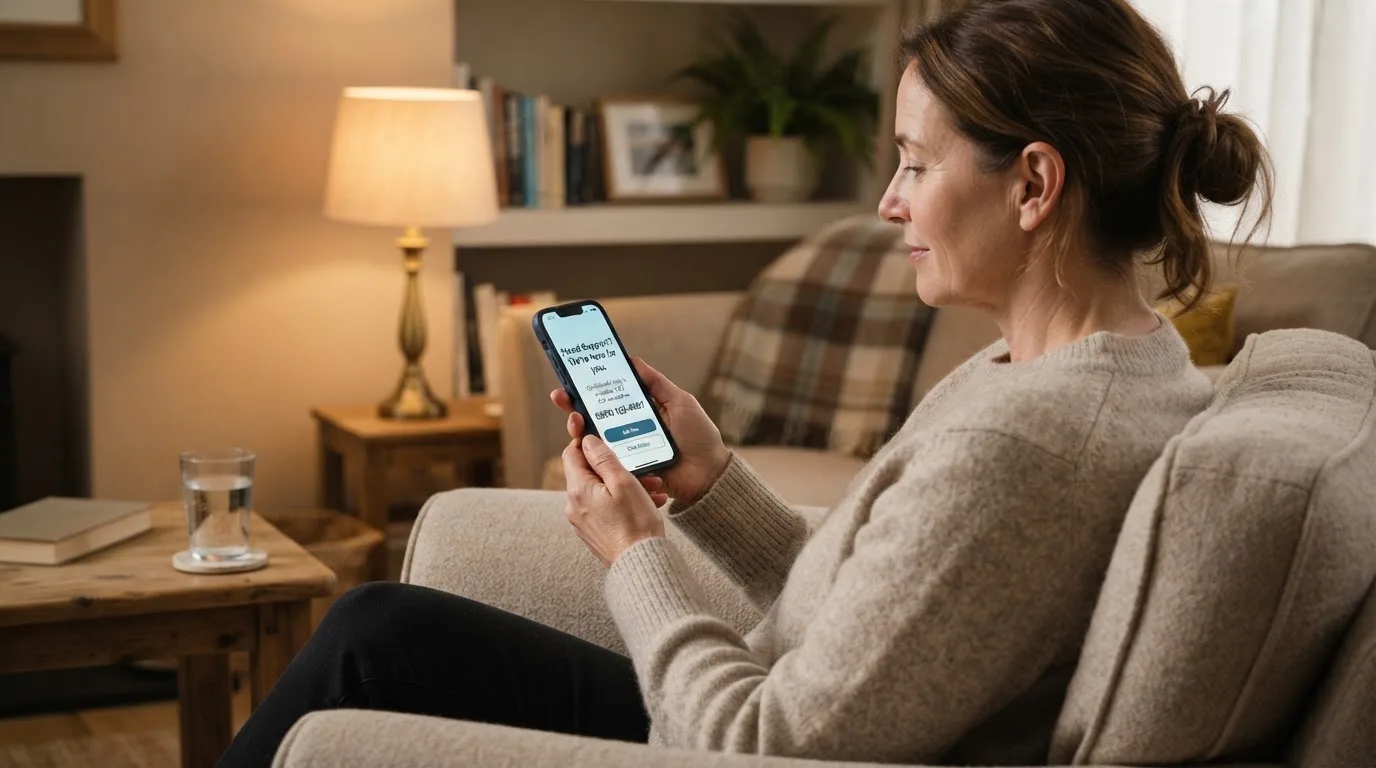 A person sitting calmly with a phone open to a support helpline page, no gaming screen visible.