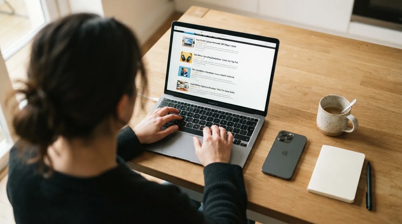 A person at a kitchen table scrolling through review pages on a laptop, phone face-down beside them.