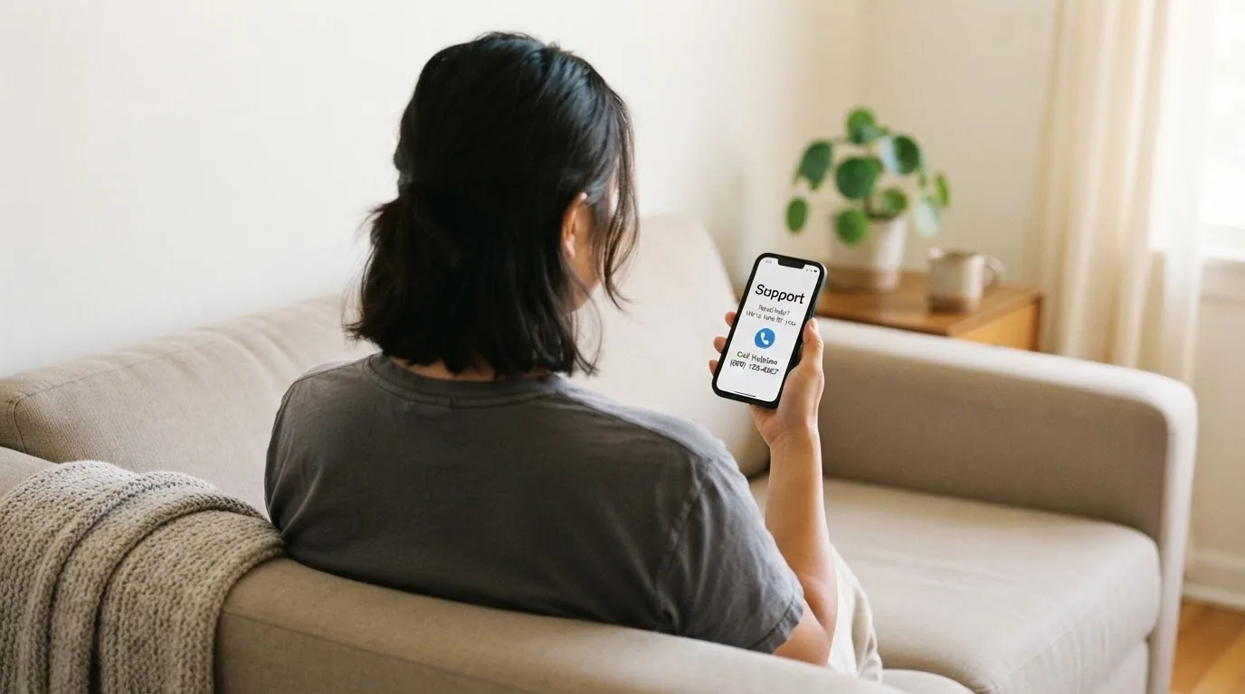 A person sitting calmly with a phone open to a support helpline page, no gaming screen visible.
