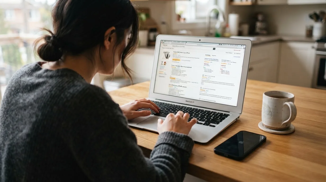 A person at a kitchen table scrolling through review pages on a laptop, phone face-down beside them.