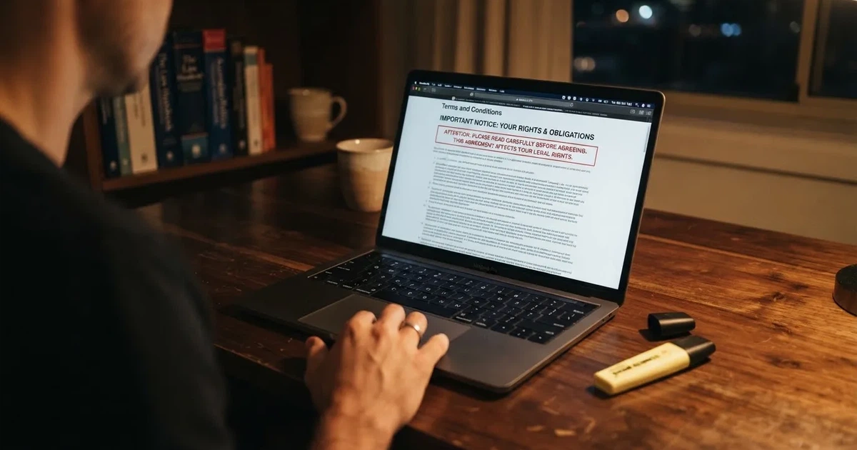 A laptop screen showing a page of terms and conditions text with a highlighter resting nearby.
