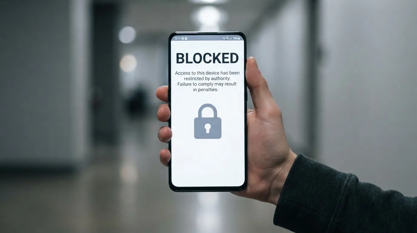 A smartphone screen showing a plain government warning notice about a blocked website, held against a blurred background.