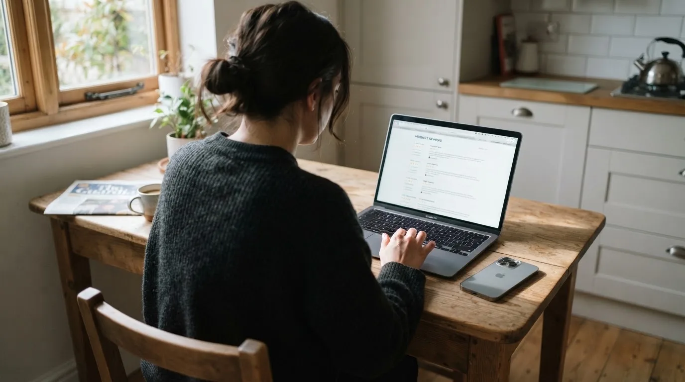 A person at a kitchen table scrolling through review pages on a laptop, phone face-down beside them.