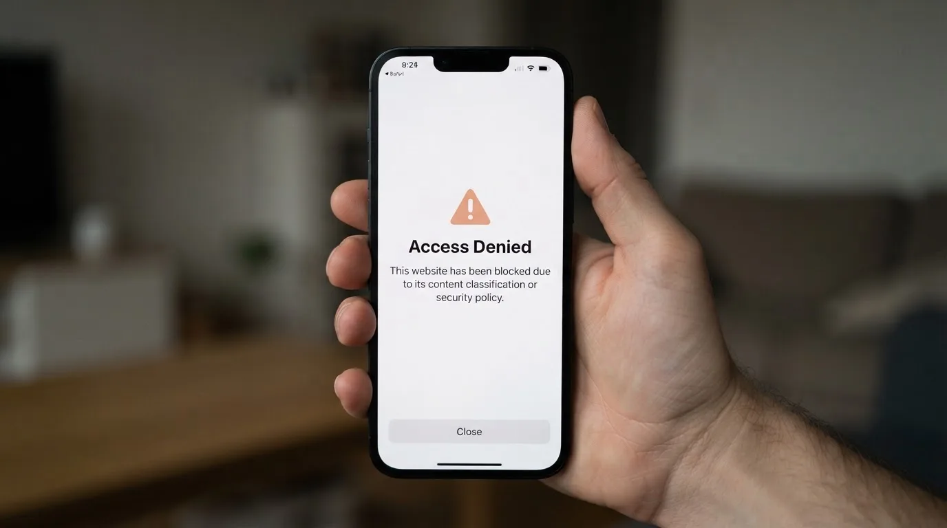 A smartphone screen showing a plain government warning notice about a blocked website, held against a blurred background.