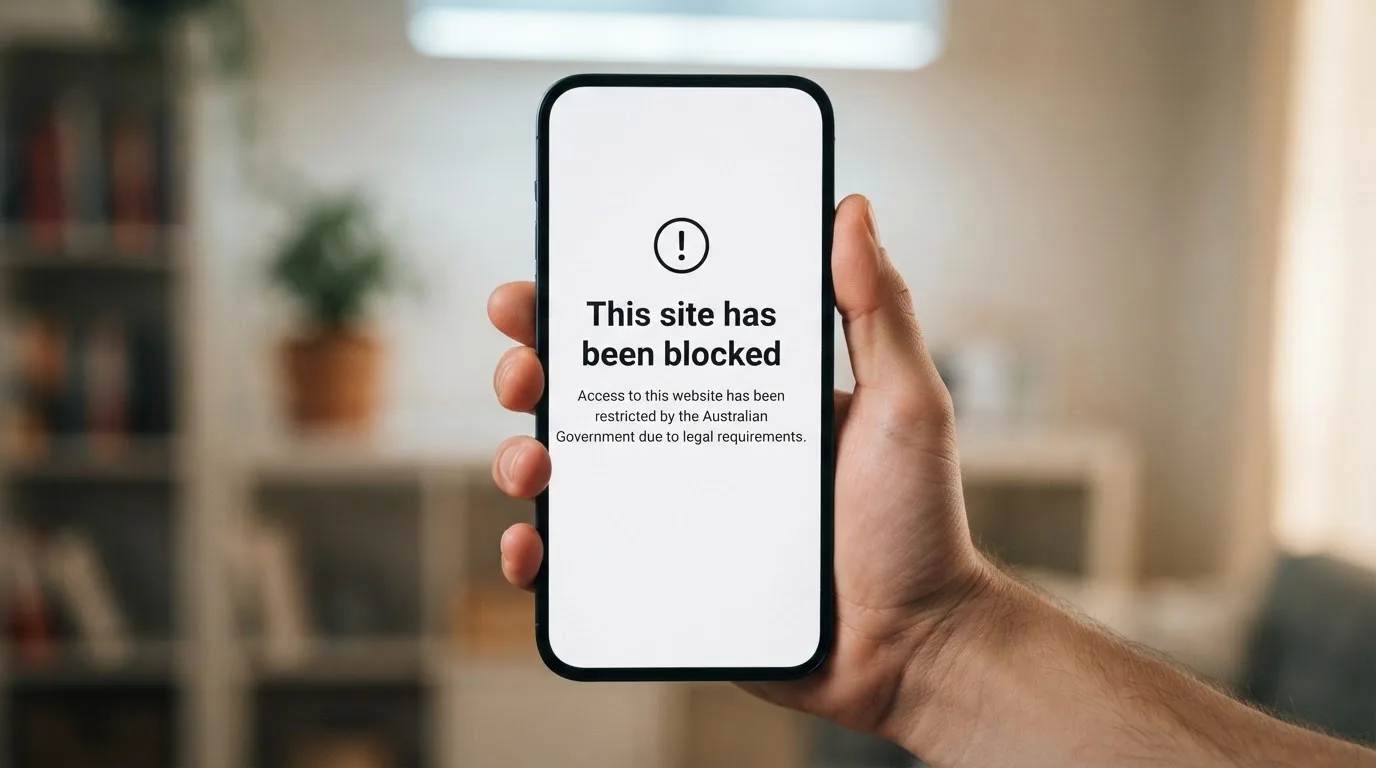 A smartphone screen showing a plain government warning notice about a blocked website, held against a blurred background.