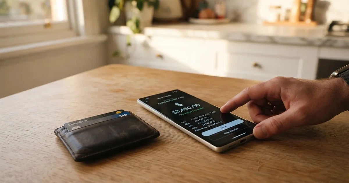 A phone screen showing a bank transfer confirmation, held next to a wallet on a table.