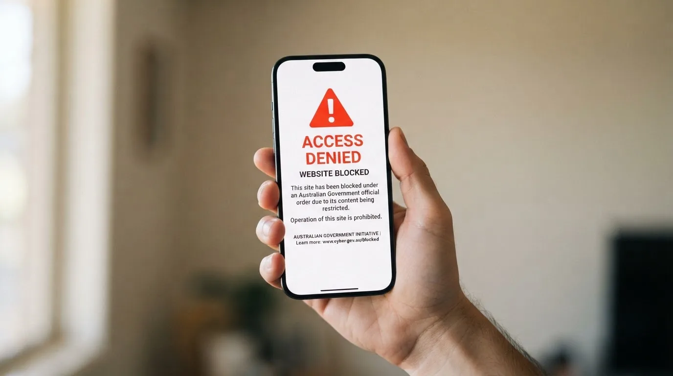 A smartphone screen showing a plain government warning notice about a blocked website, held against a blurred background.