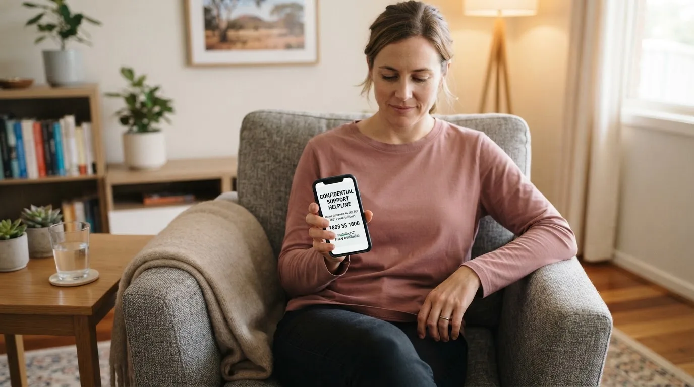 A person sitting calmly with a phone open to a support helpline page, no gaming screen visible.