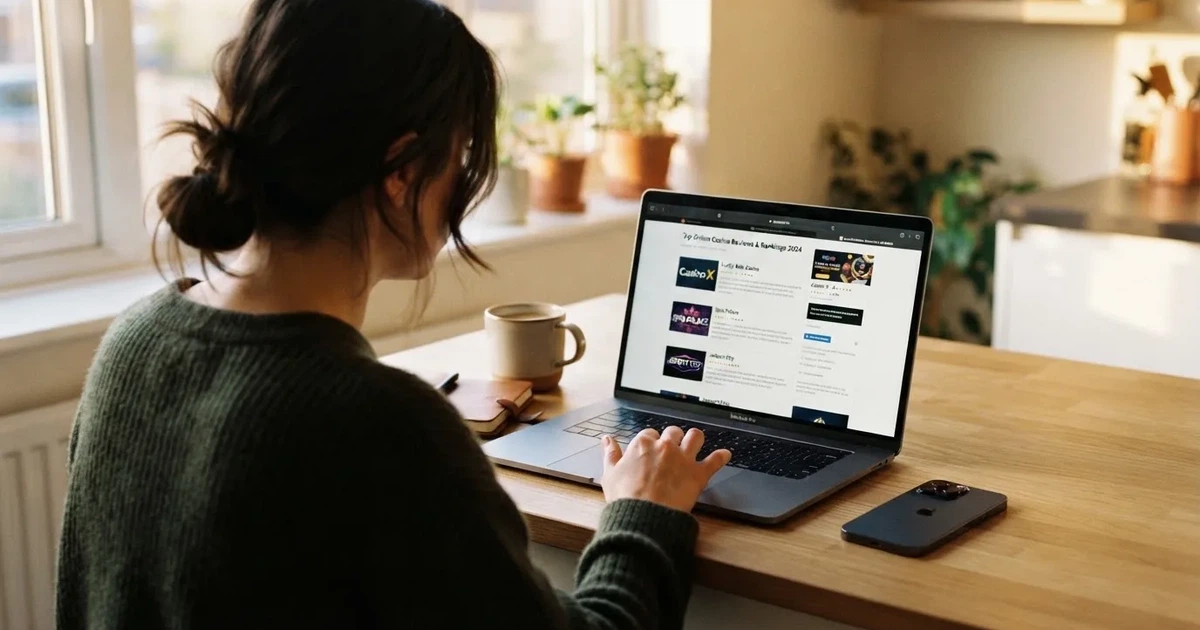 A person at a kitchen table scrolling through review pages on a laptop, phone face-down beside them.