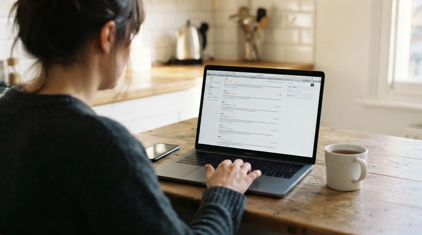A person at a kitchen table scrolling through review pages on a laptop, phone face-down beside them.