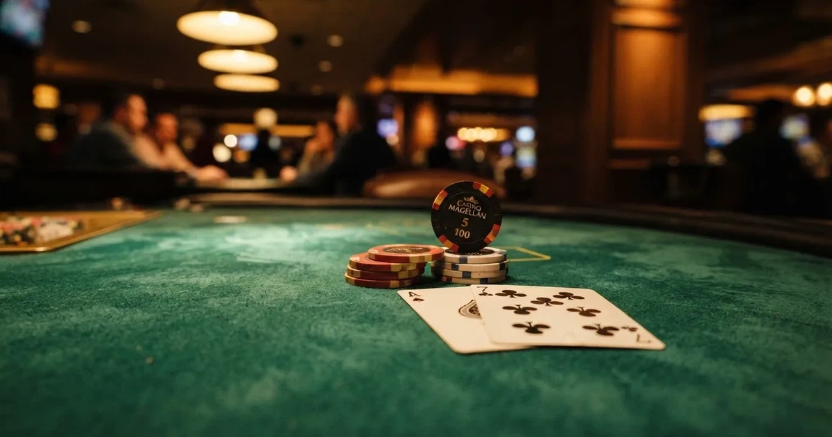 A close-up of a green felt gaming table with cards and chips mid-hand.
