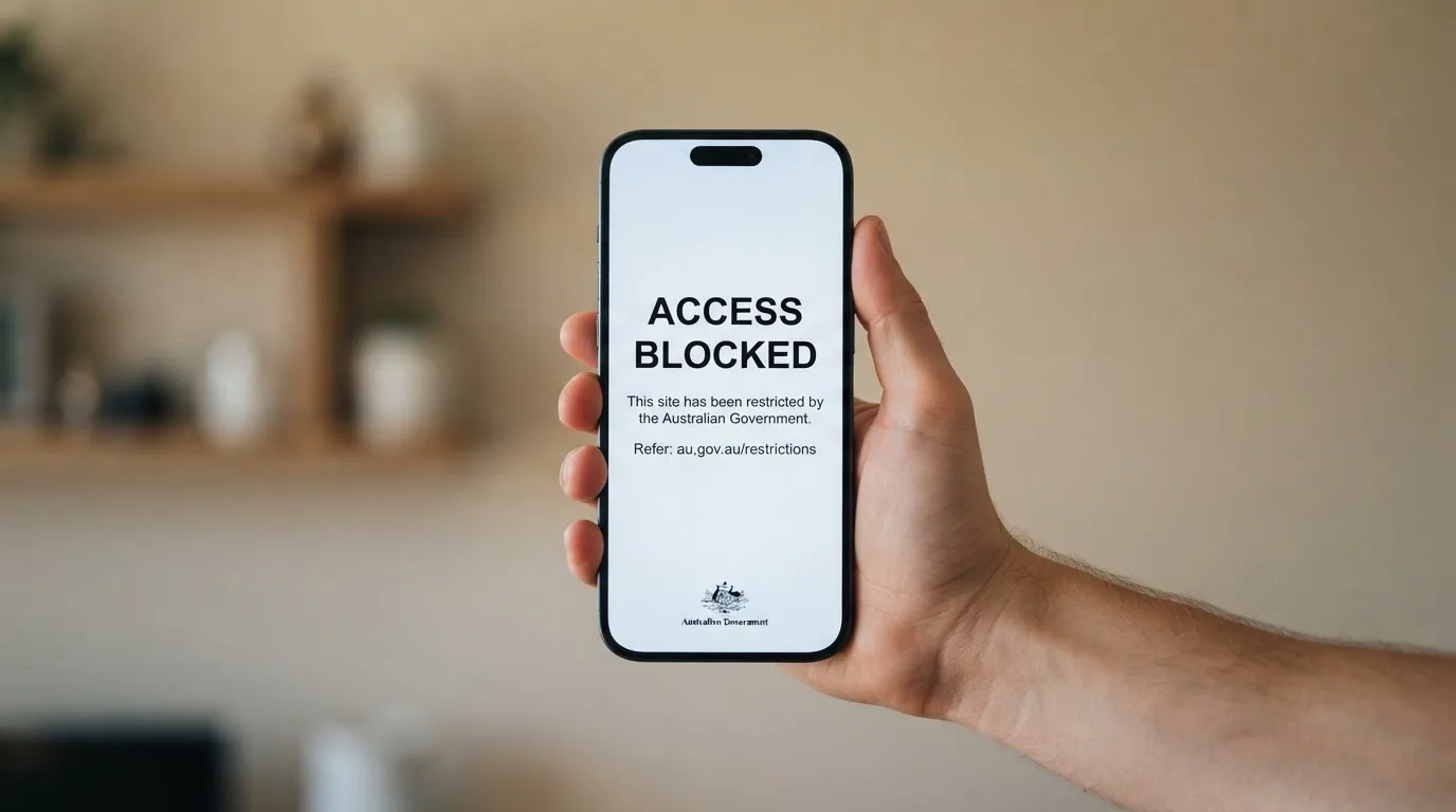 A smartphone screen showing a plain government warning notice about a blocked website, held against a blurred background.