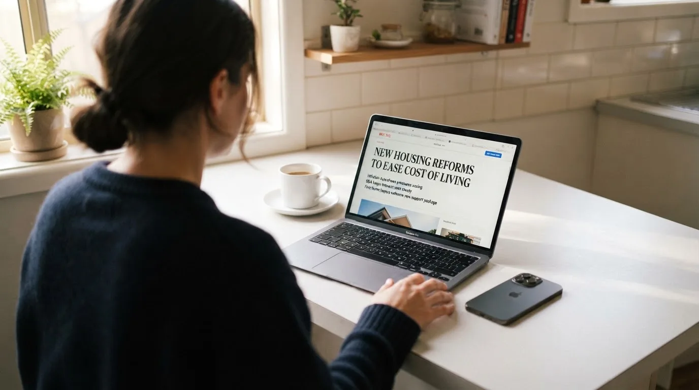 A person at a kitchen table scrolling through review pages on a laptop, phone face-down beside them.