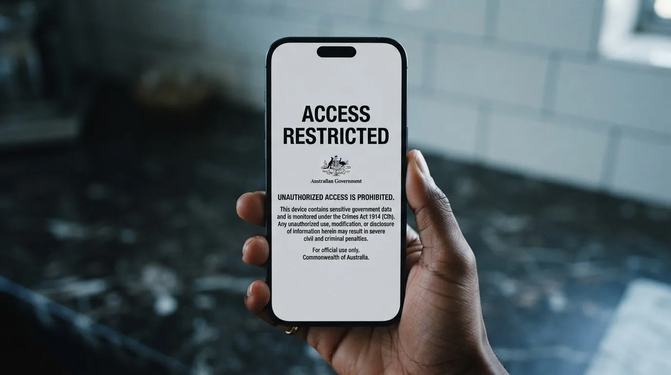A smartphone screen showing a plain government warning notice about a blocked website, held against a blurred background.
