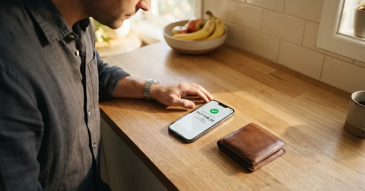 A phone screen showing a bank transfer confirmation, held next to a wallet on a table.