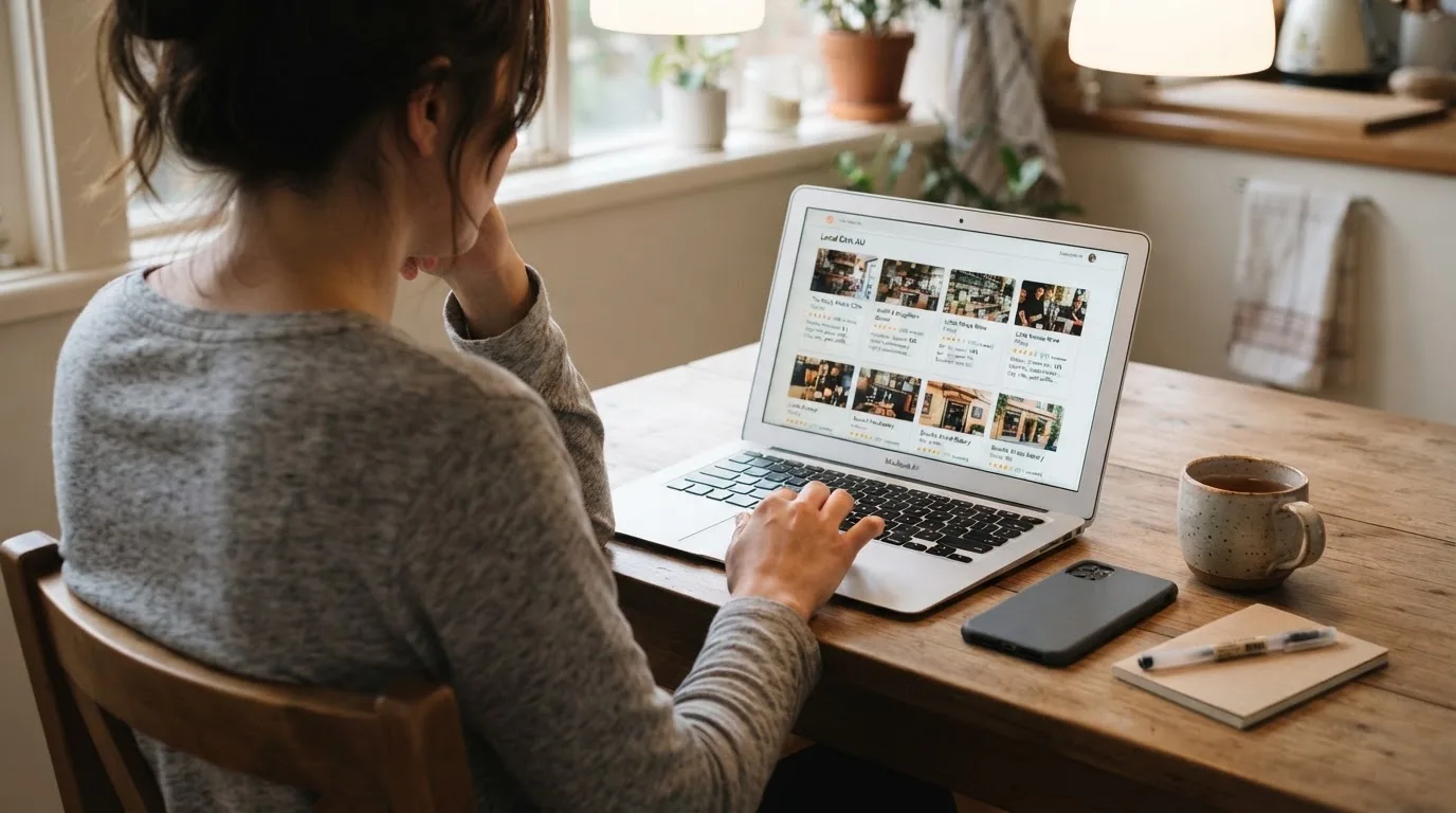 A person at a kitchen table scrolling through review pages on a laptop, phone face-down beside them.