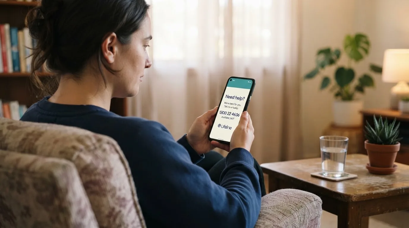 A person sitting calmly with a phone open to a support helpline page, no gaming screen visible.