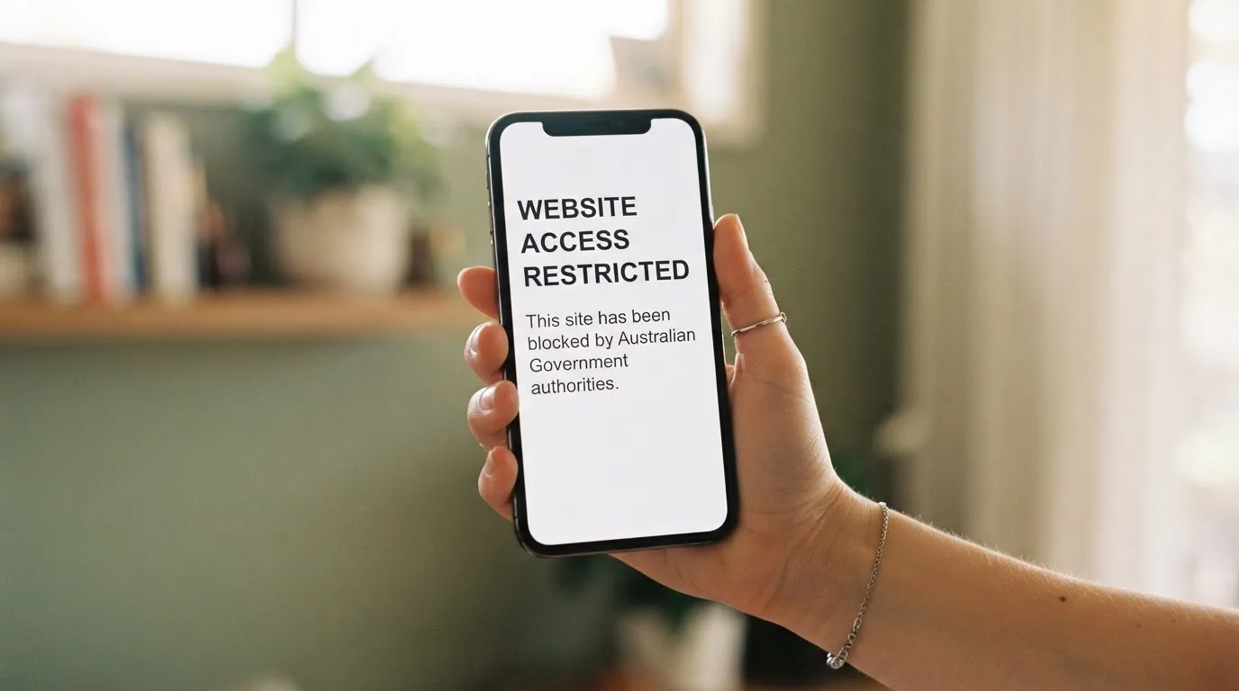 A smartphone screen showing a plain government warning notice about a blocked website, held against a blurred background.