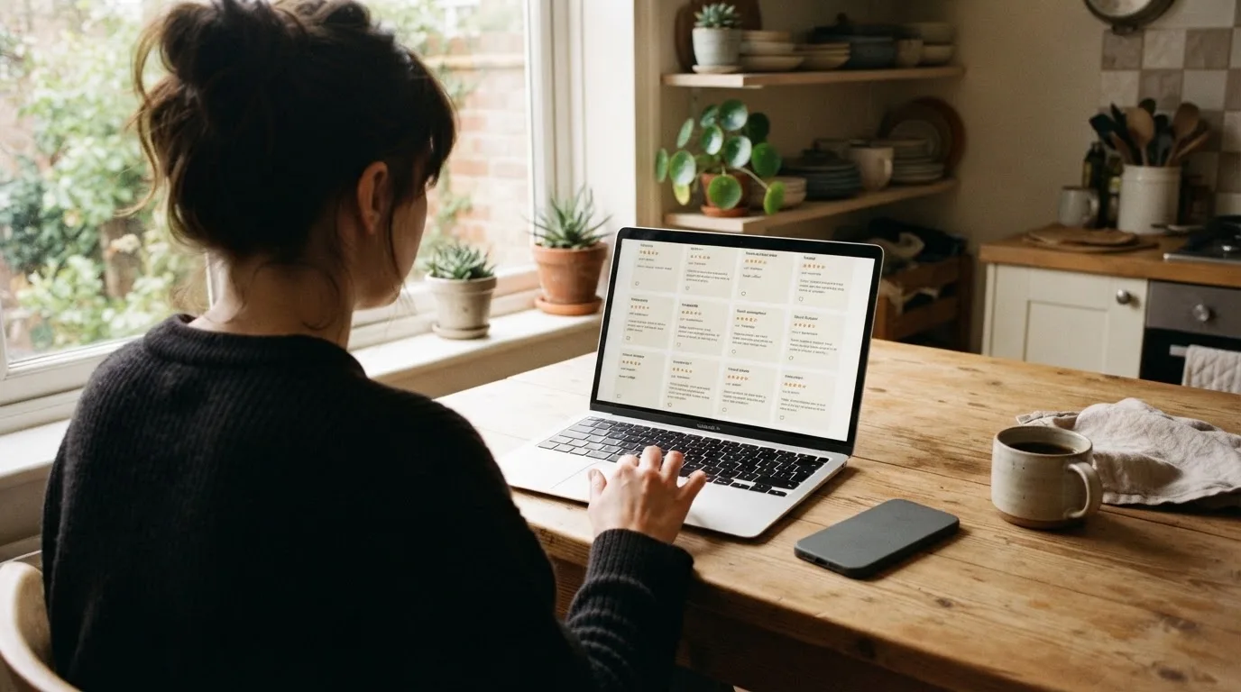 A person at a kitchen table scrolling through review pages on a laptop, phone face-down beside them.