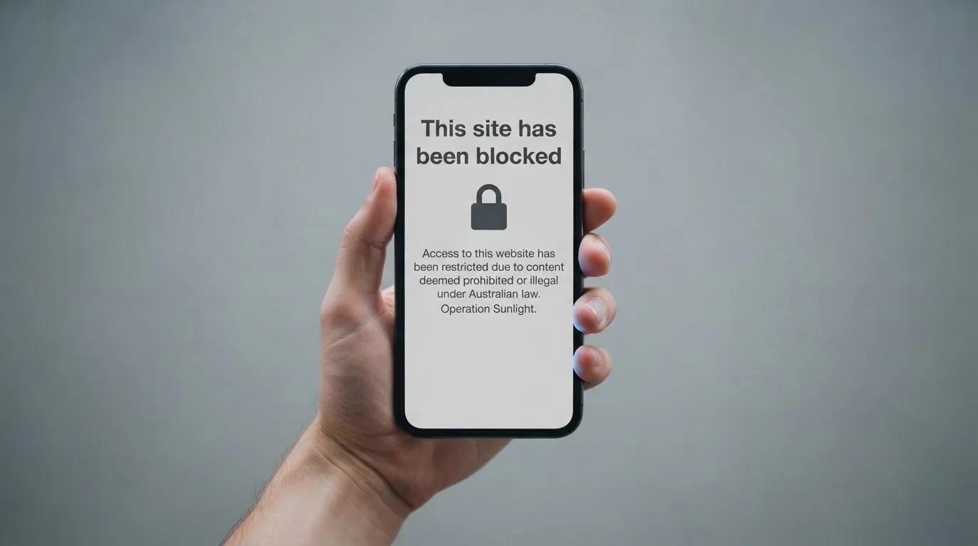 A smartphone screen showing a plain government warning notice about a blocked website, held against a blurred background.