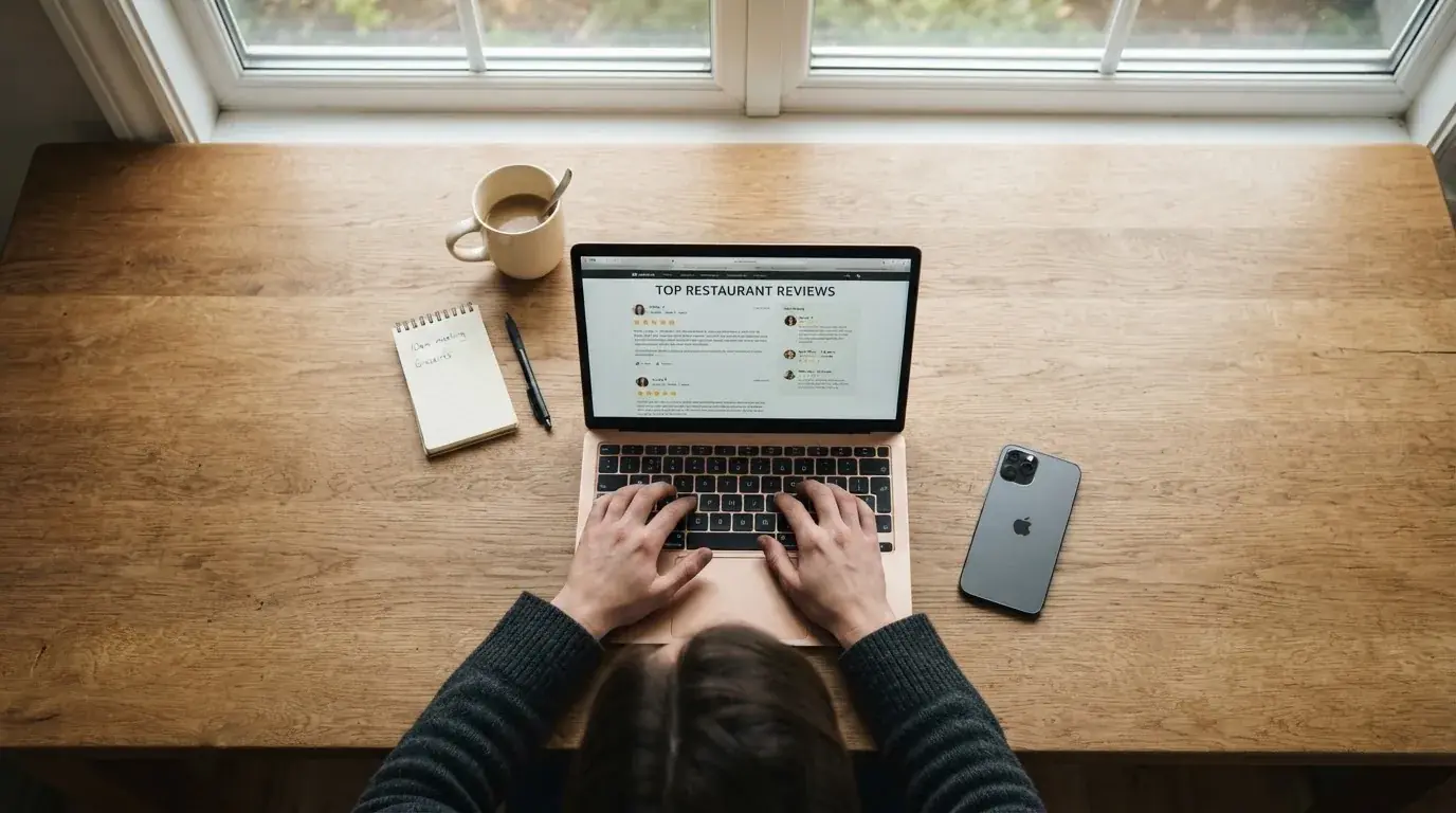 A person at a kitchen table scrolling through review pages on a laptop, phone face-down beside them.